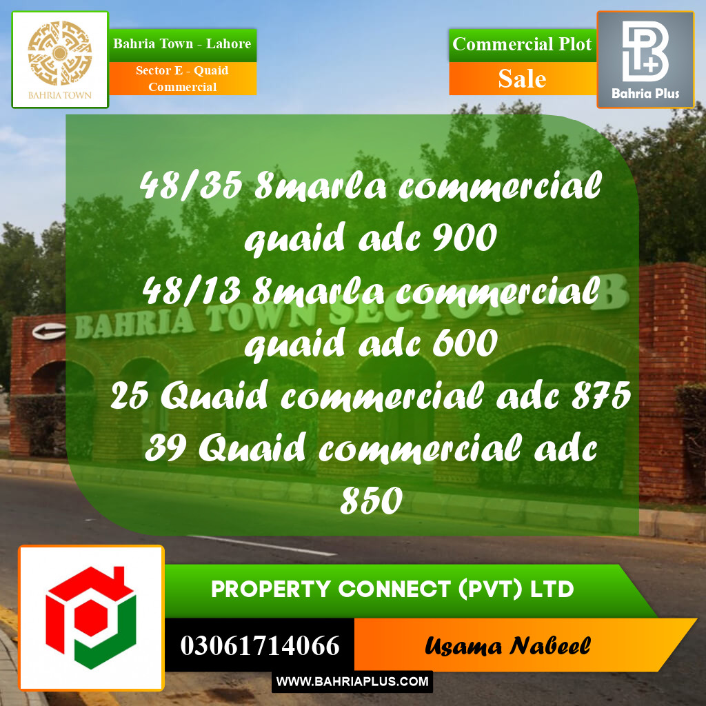 Commercial Plot for Sale in Sector E - Quaid Commercial -  Bahria Town, Lahore - (BP-277171)