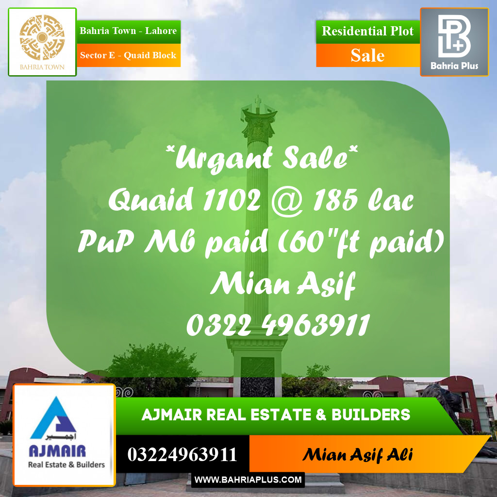 Residential Plot for Sale in Sector E - Quaid Block -  Bahria Town, Lahore - (BP-277236)