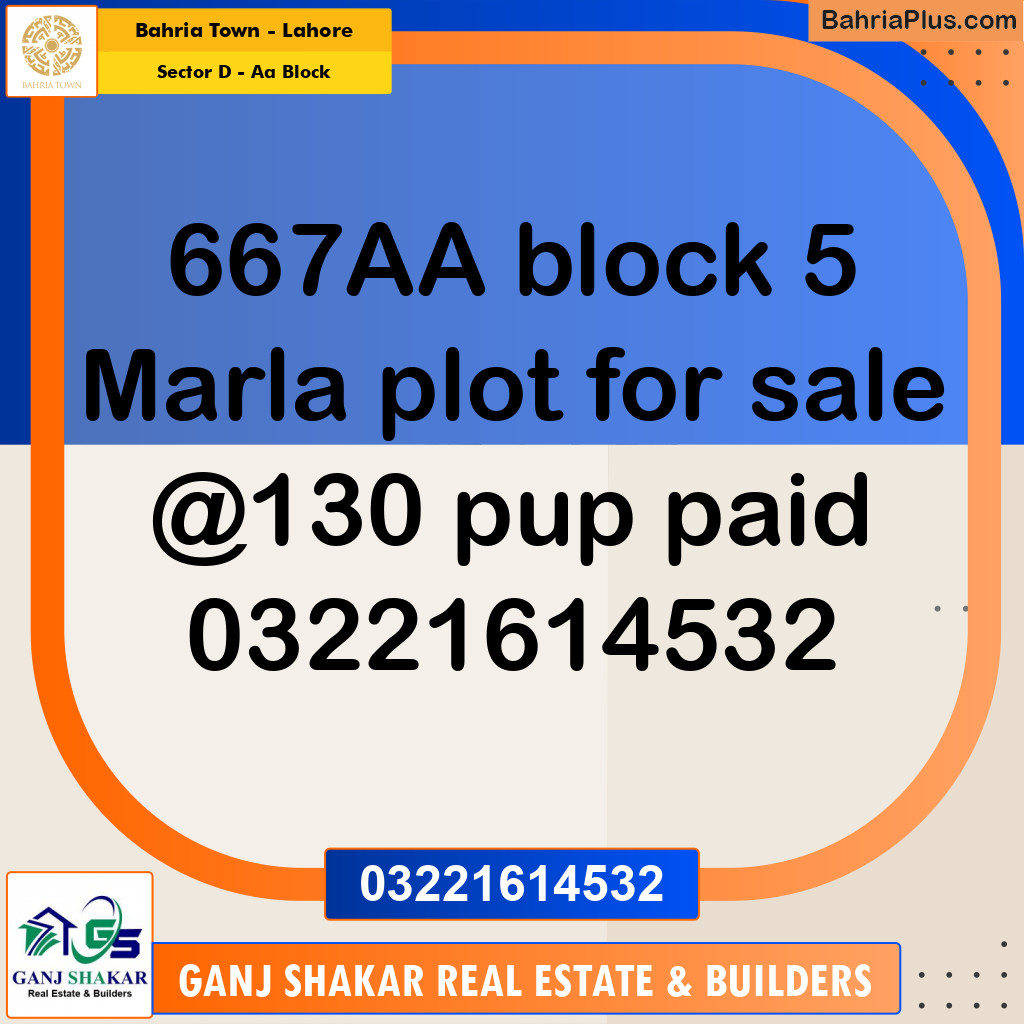 5 Marla Residential Plot for Sale in Sector D - AA Block -  Bahria Town, Lahore - (BP-277310)