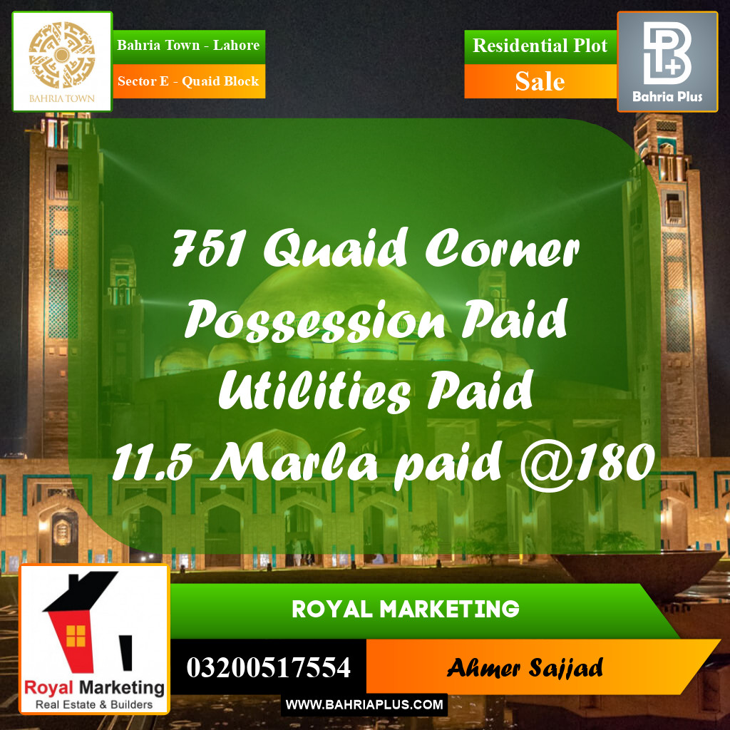 11.5 Marla Residential Plot for Sale in Sector E - Quaid Block -  Bahria Town, Lahore - (BP-277328)