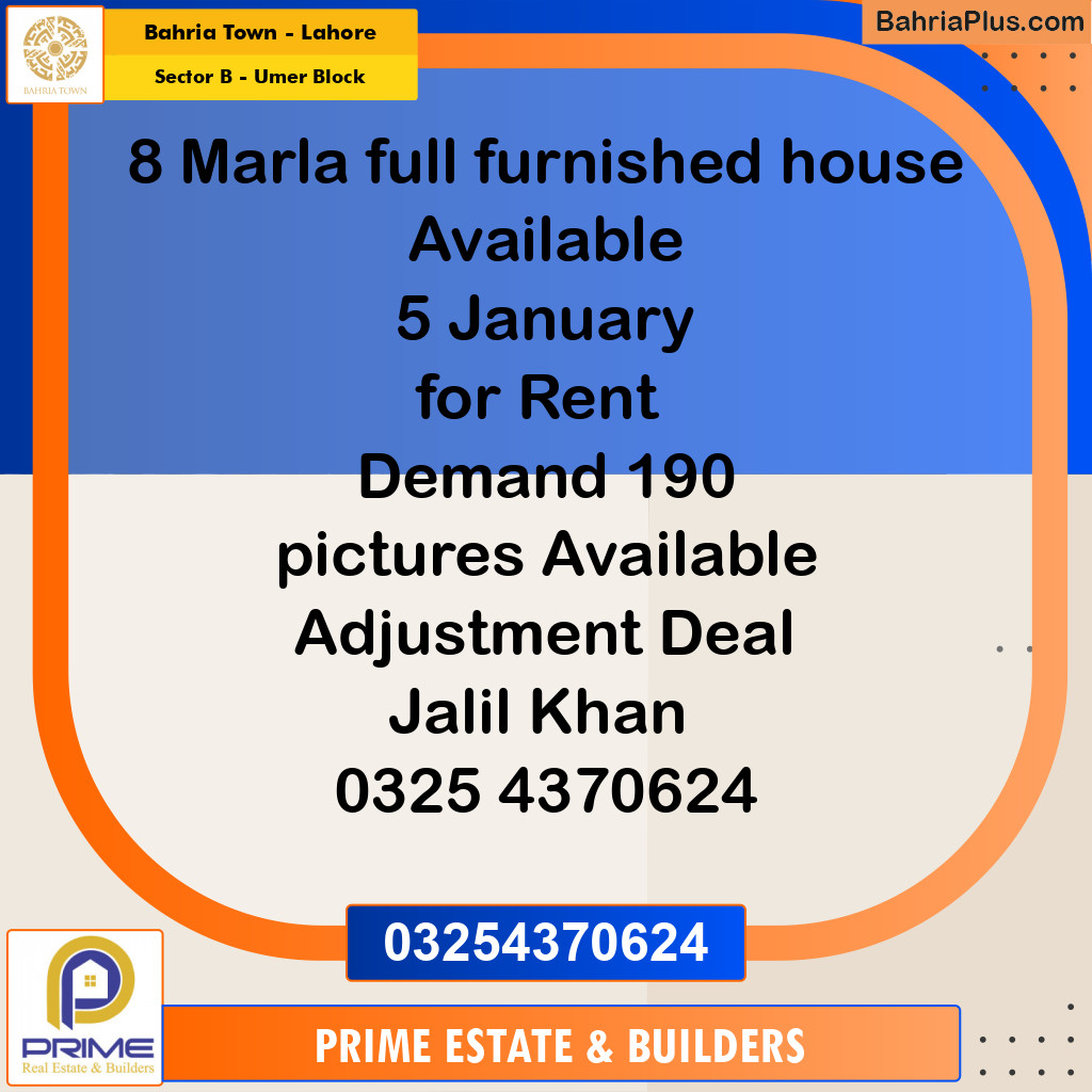 8 Marla Residential House for Rent in Sector B - Umer Block -  Bahria Town, Lahore - (BP-277618)