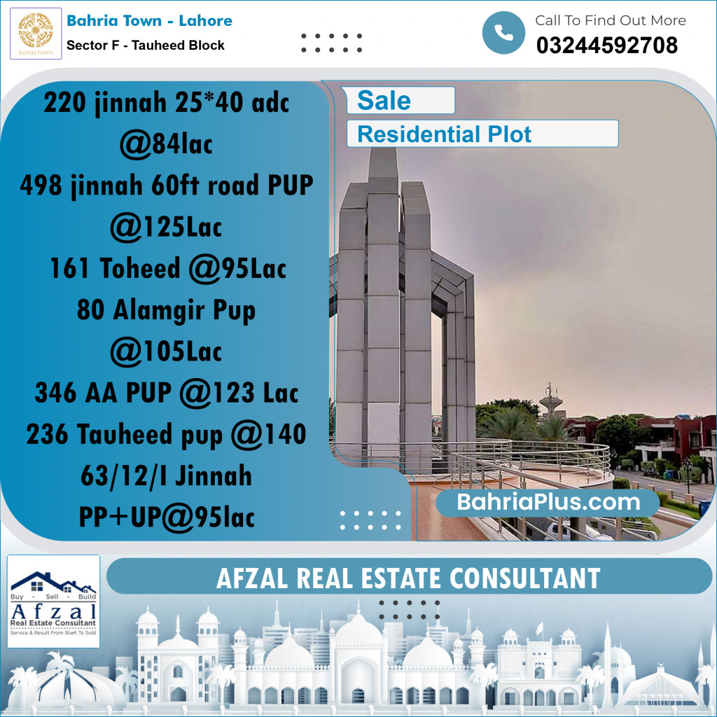 10 Marla Residential Plot for Sale in Sector F - Tauheed Block -  Bahria Town, Lahore - (BP-277755)