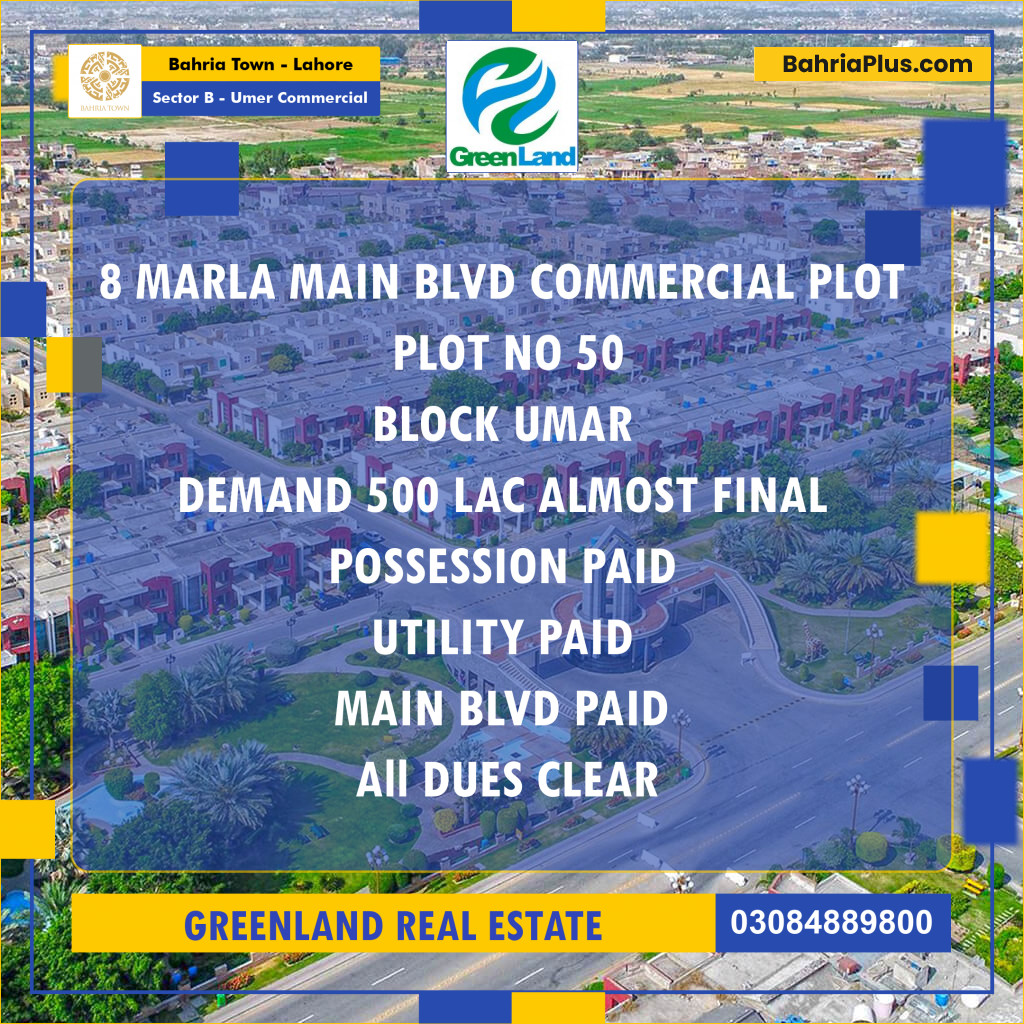 8 Marla Commercial Plot for Sale in Sector B - Umer Commercial -  Bahria Town, Lahore - (BP-277809)