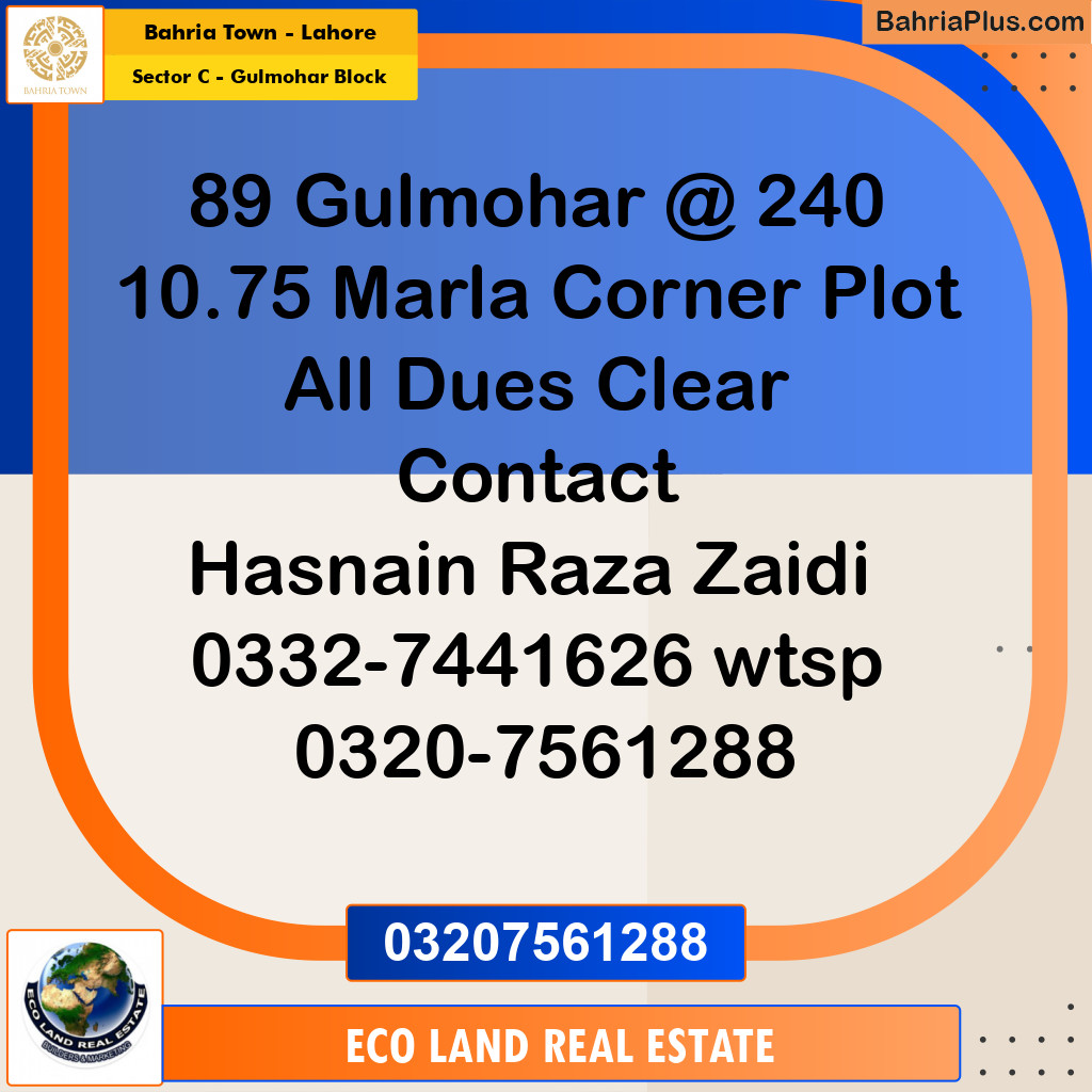 10.75 Marla Residential Plot for Sale in Sector C - Gulmohar Block -  Bahria Town, Lahore - (BP-277955)