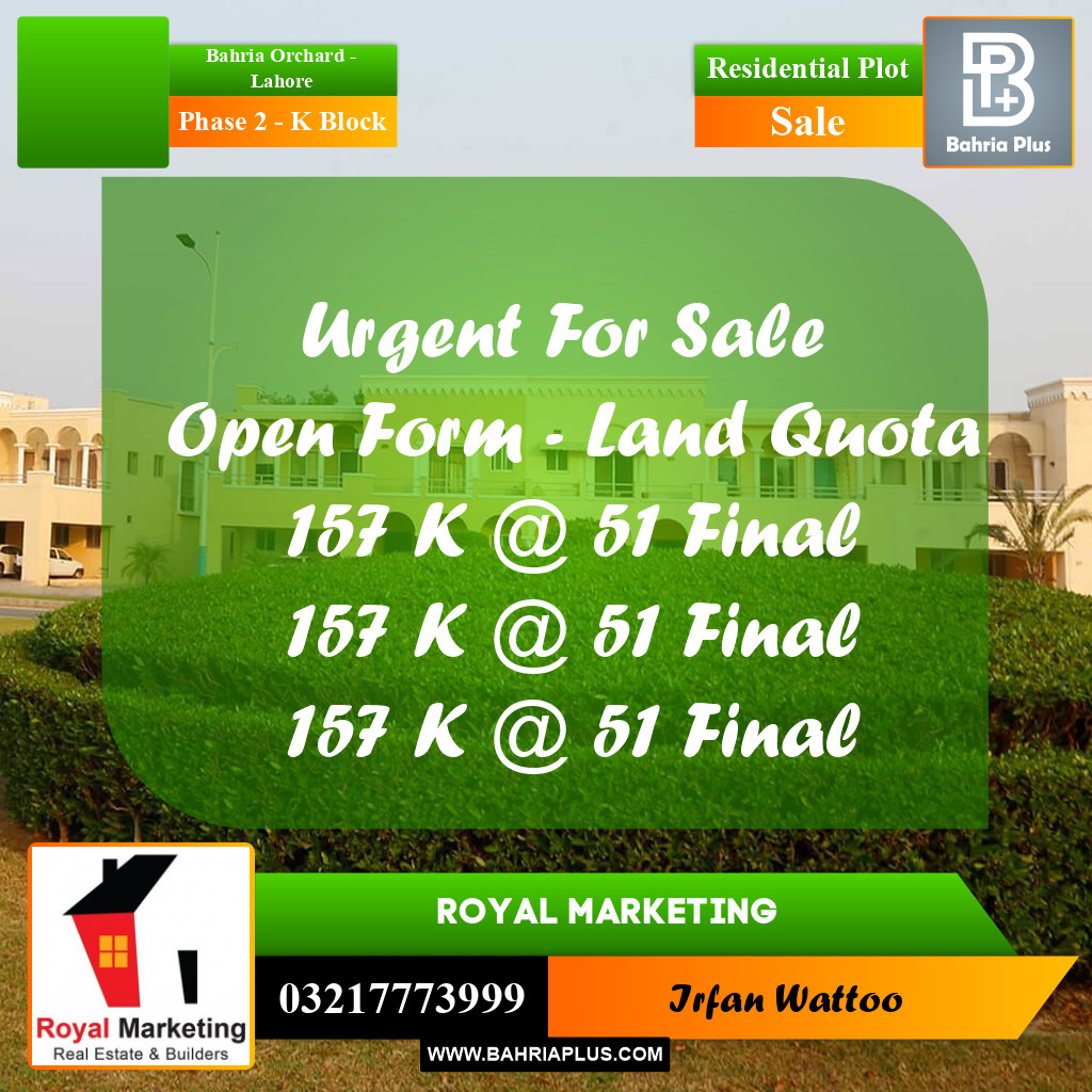 5 Marla Residential Plot for Sale in Phase 2 - K Block -  Bahria Orchard, Lahore - (BP-277975)