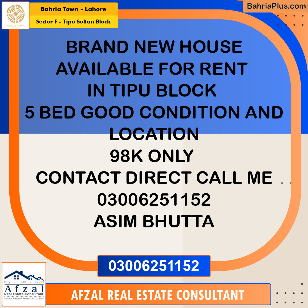 10 Marla Residential House for Rent in Sector F - Tipu Sultan Block -  Bahria Town, Lahore - (BP-278055)