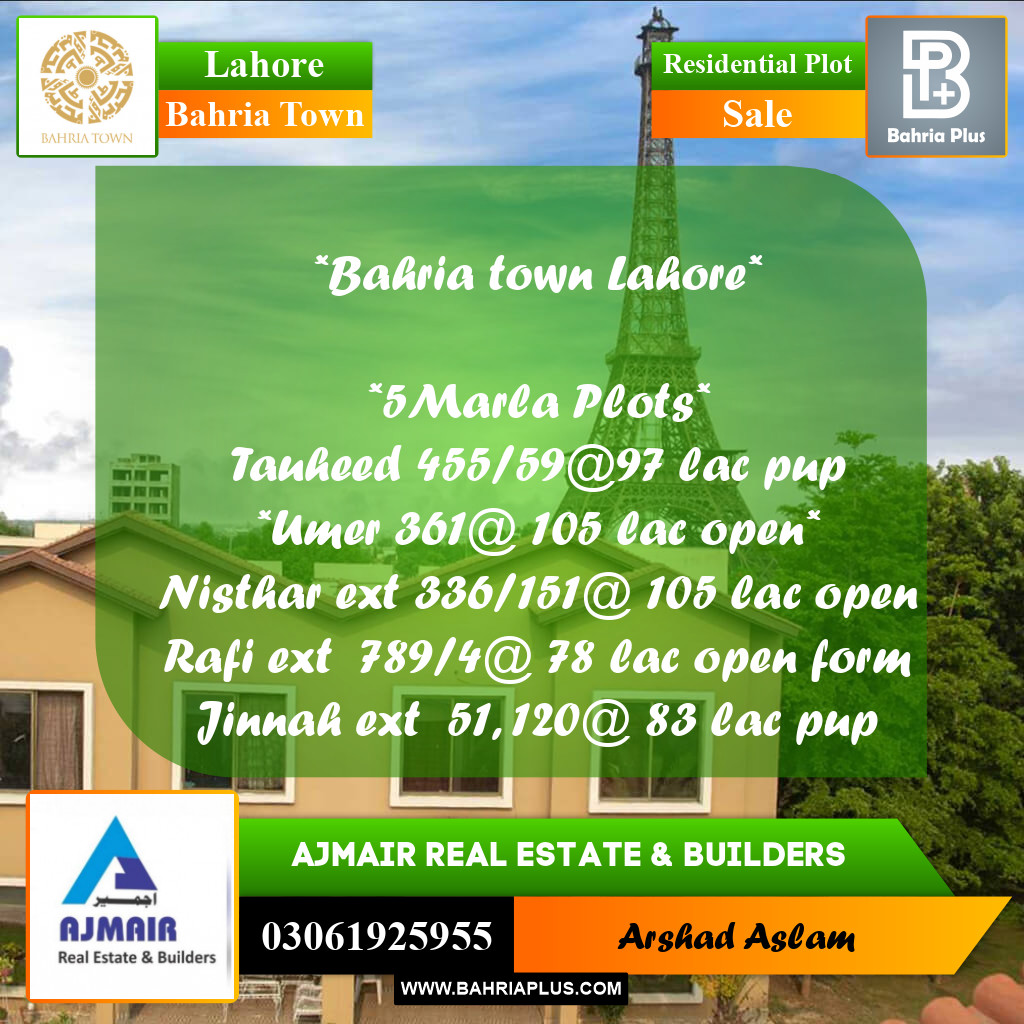 5 Marla Residential Plot for Sale in Bahria Town, Lahore - (BP-278275)