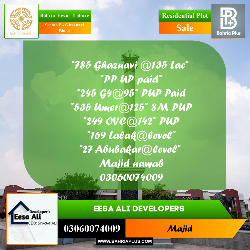 Residential Plot for Sale in Sector F - Ghaznavi Block -  Bahria Town, Lahore - (BP-278396)
