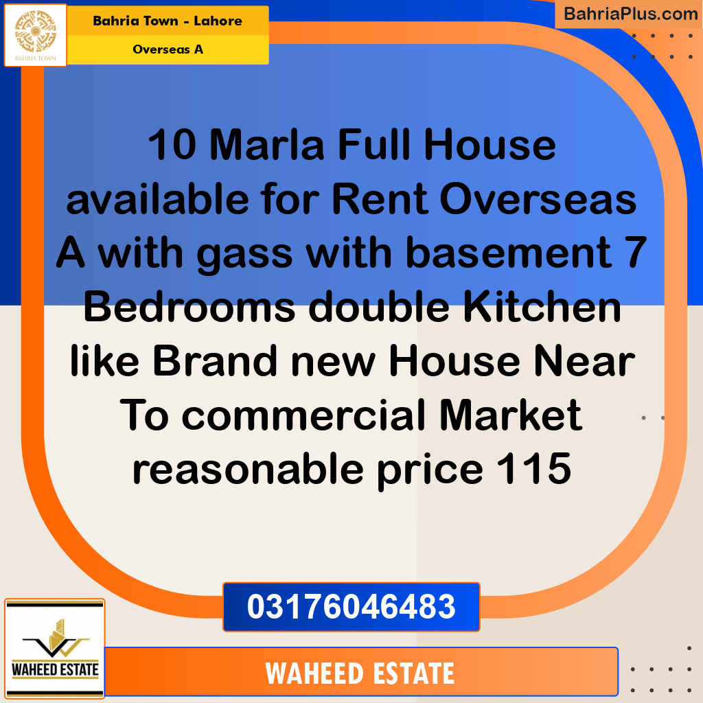 10 Marla Residential House for Rent in Overseas A -  Bahria Town, Lahore - (BP-278496)