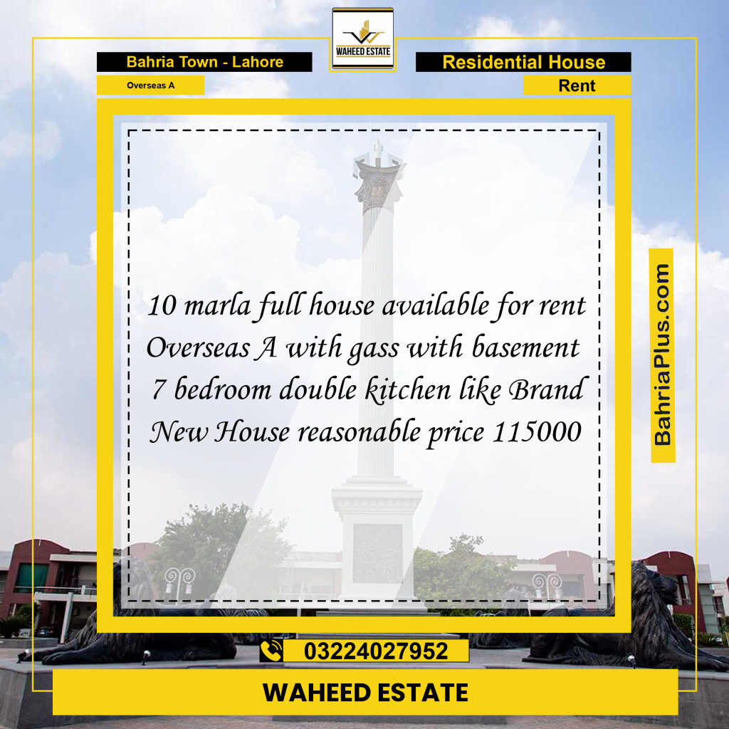 10 Marla Residential House for Rent in Overseas A -  Bahria Town, Lahore - (BP-278497)
