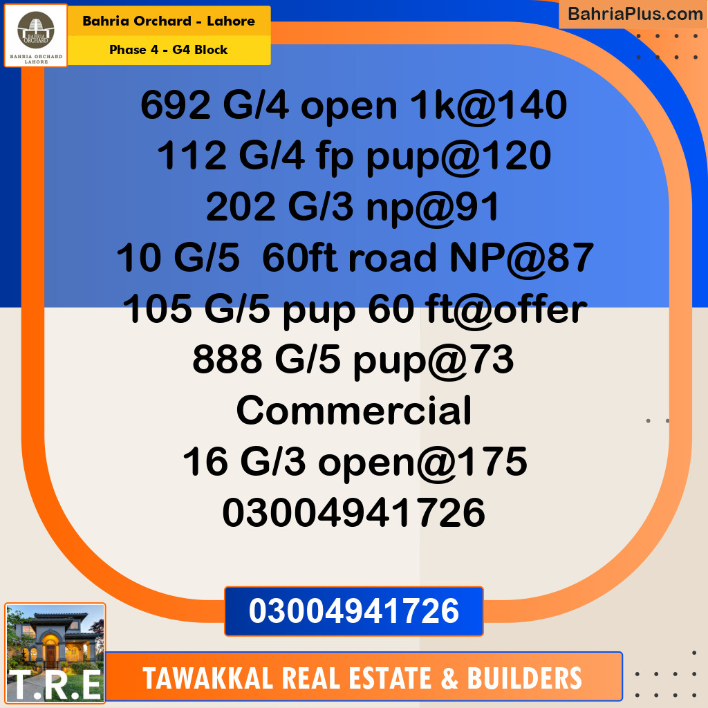 10 Marla Residential Plot for Sale in Phase 4 - G4 Block -  Bahria Orchard, Lahore - (BP-278526)