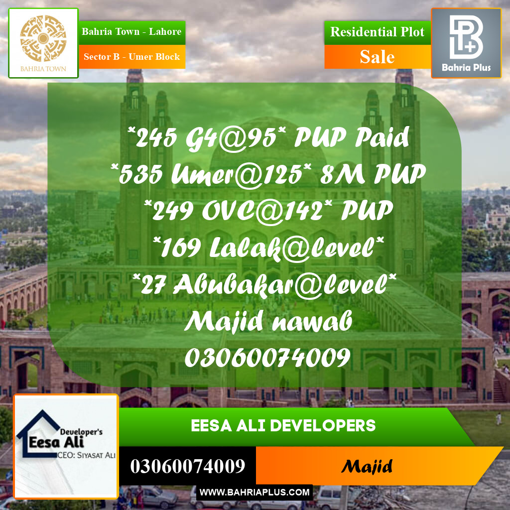Residential Plot for Sale in Sector B - Umer Block -  Bahria Town, Lahore - (BP-278542)