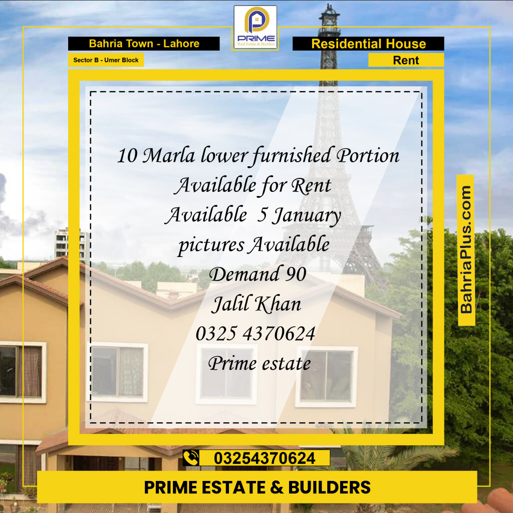 10 Marla Residential House for Rent in Sector B - Umer Block -  Bahria Town, Lahore - (BP-278550)