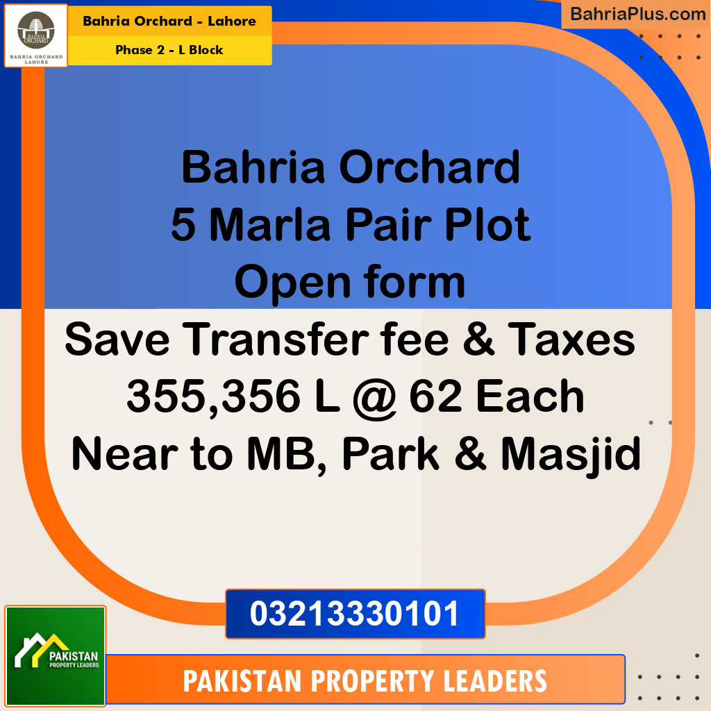 5 Marla Residential Plot for Sale in Phase 2 - L Block -  Bahria Orchard, Lahore - (BP-278678)