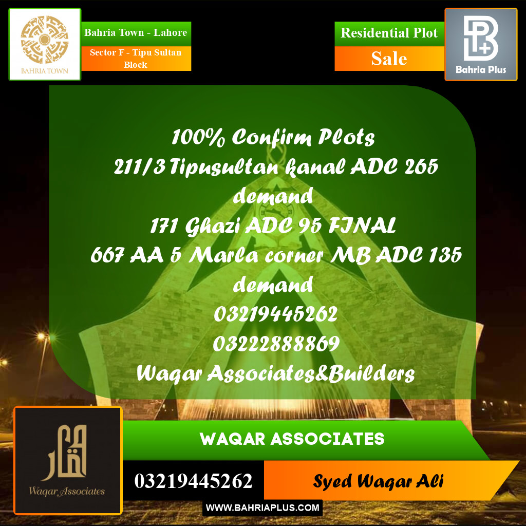 1 Kanal Residential Plot for Sale in Sector F - Tipu Sultan Block -  Bahria Town, Lahore - (BP-278782)