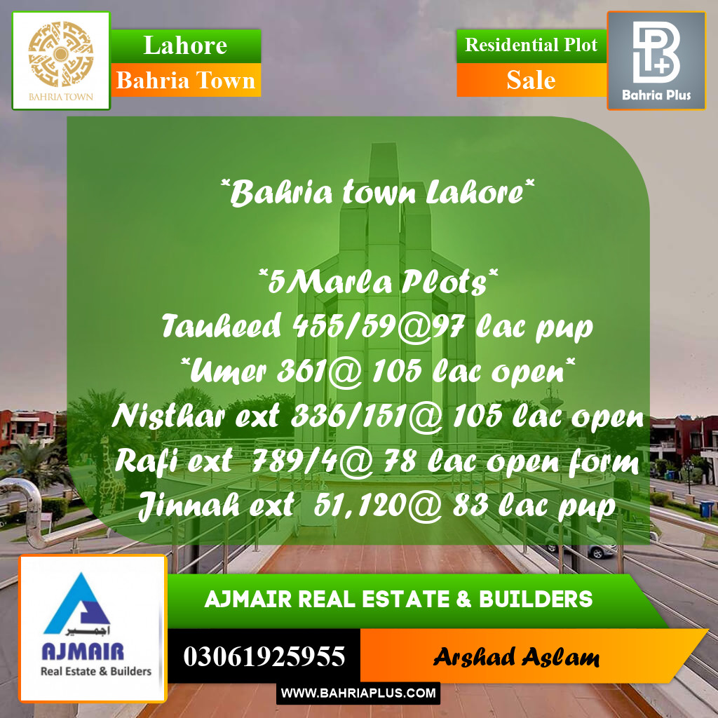 Residential Plot for Sale in Bahria Town, Lahore - (BP-278827)