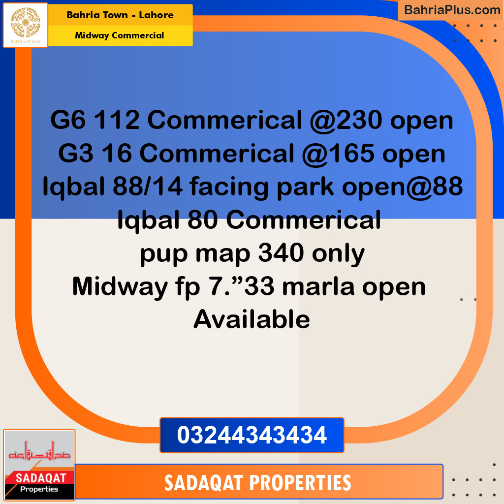 7.33 Marla Commercial Plot for Sale in Midway Commercial -  Bahria Town, Lahore - (BP-278846)