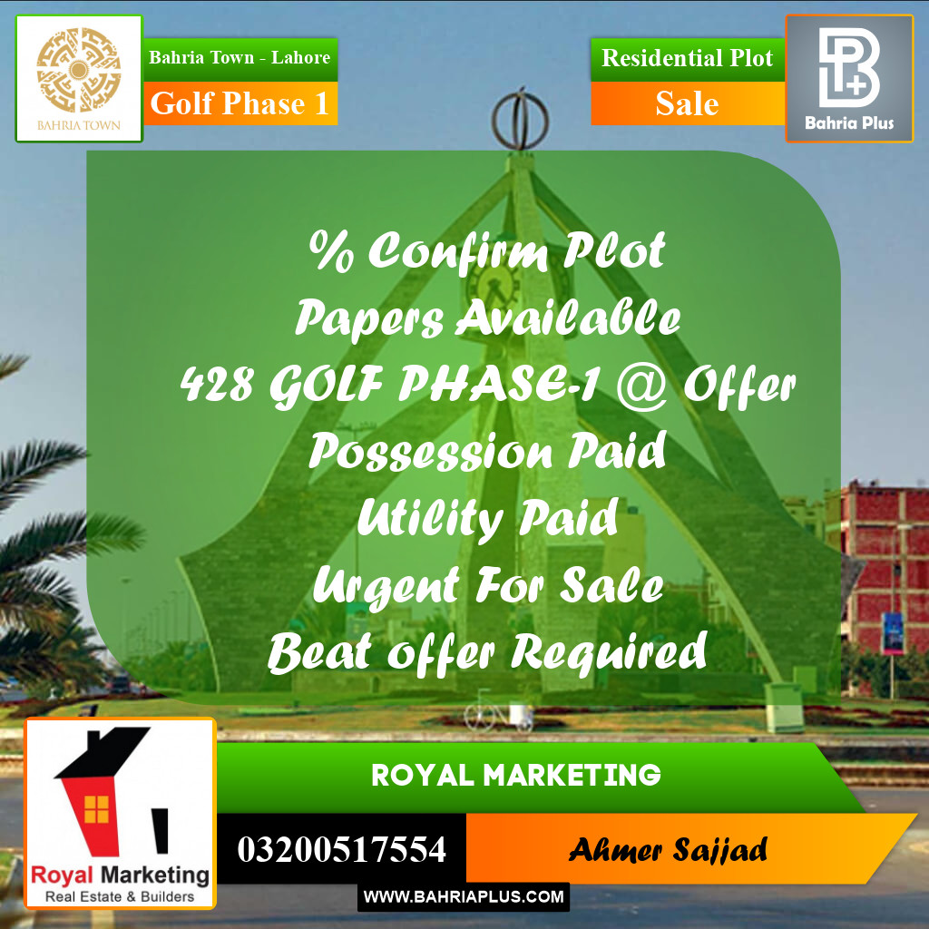 Residential Plot for Sale in Golf Phase 1 -  Bahria Town, Lahore - (BP-279012)