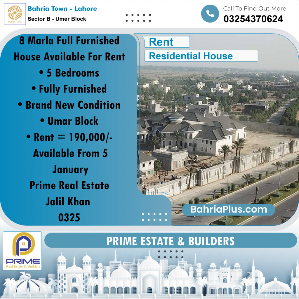 8 Marla Residential House for Rent in Sector B - Umer Block -  Bahria Town, Lahore - (BP-279079)