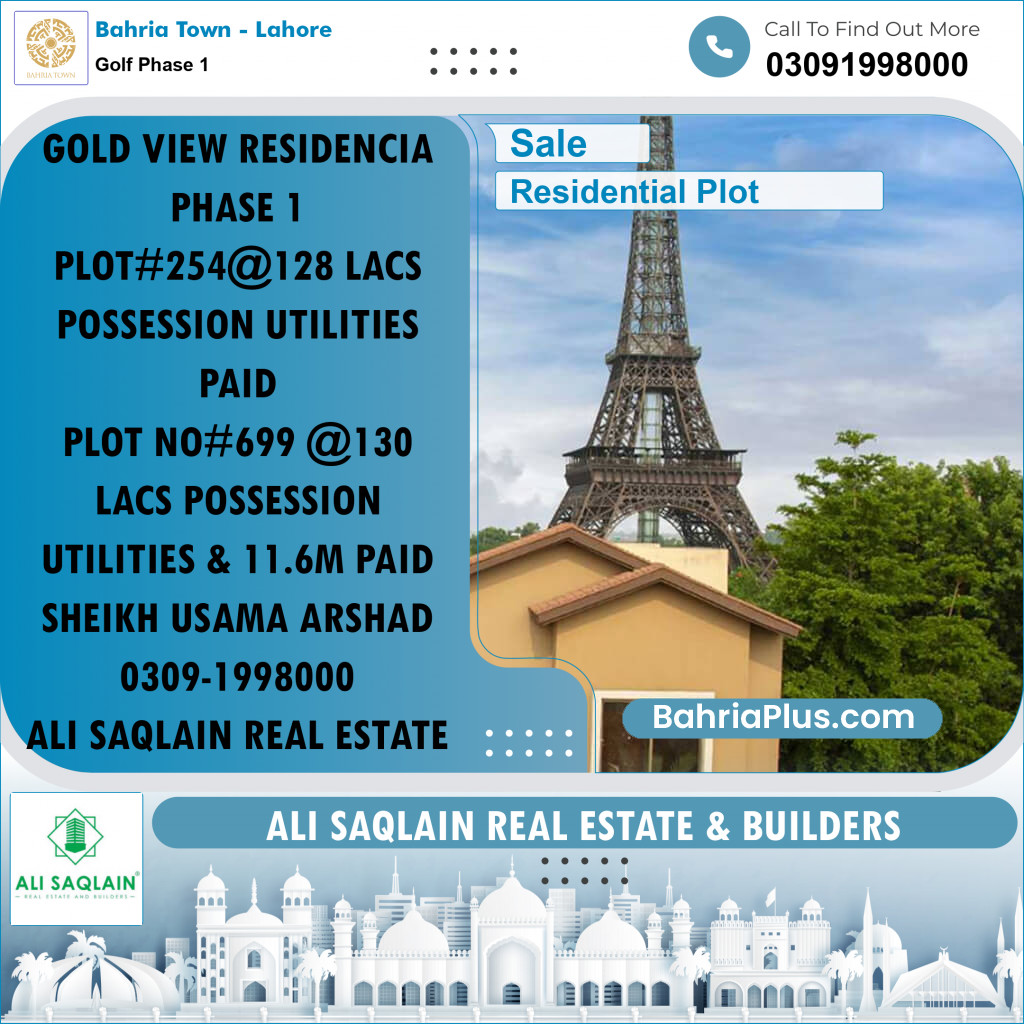 10 Marla Residential Plot for Sale in Golf Phase 1 -  Bahria Town, Lahore - (BP-279110)