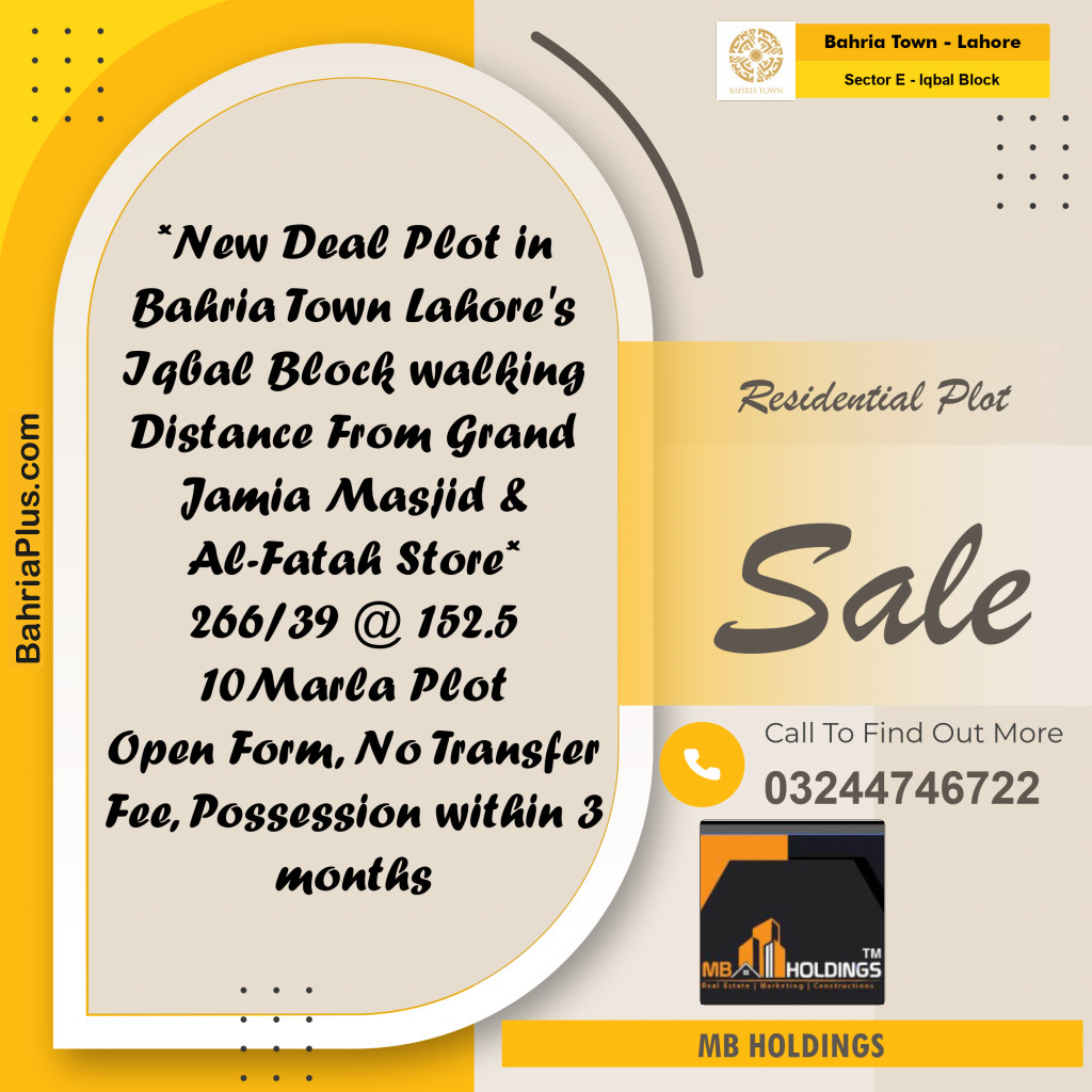 10 Marla Residential Plot for Sale in Sector E - Iqbal Block -  Bahria Town, Lahore - (BP-279152)