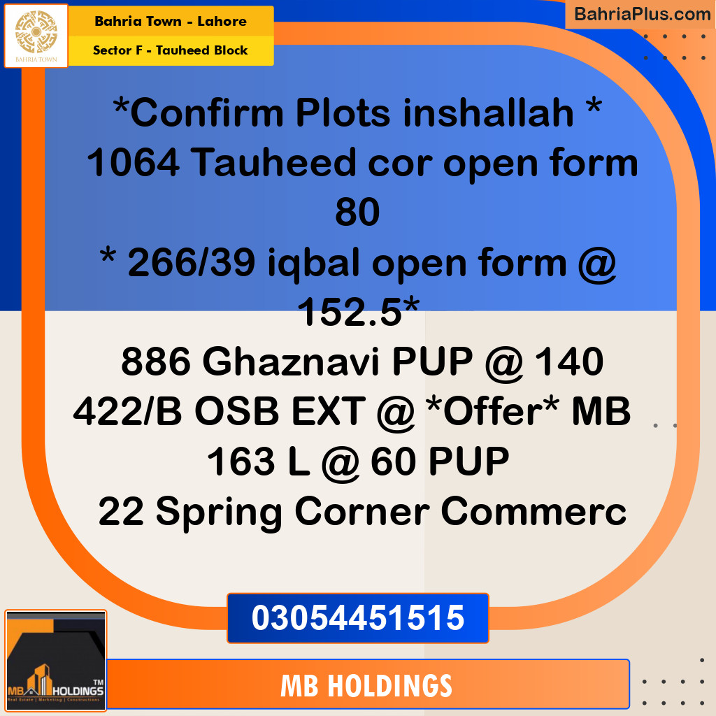 10 Marla Residential Plot for Sale in Sector F - Tauheed Block -  Bahria Town, Lahore - (BP-279179)