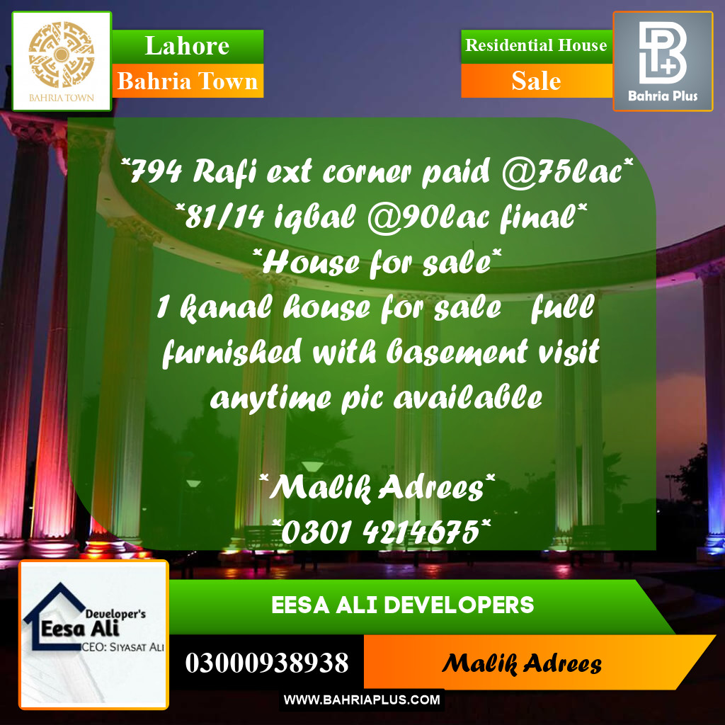Residential House for Sale in Bahria Town, Lahore - (BP-279250)