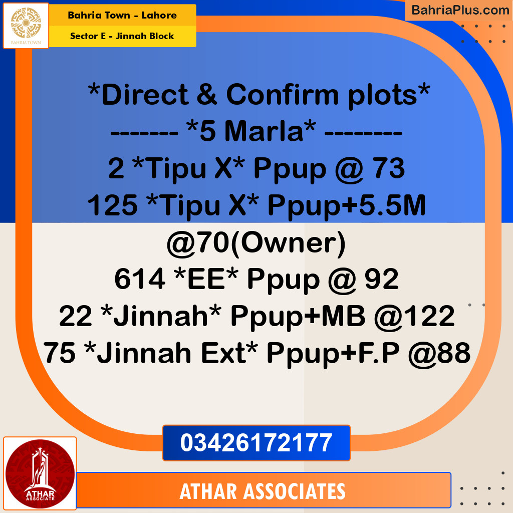5 Marla Residential Plot for Sale in Sector E - Jinnah Block -  Bahria Town, Lahore - (BP-279321)