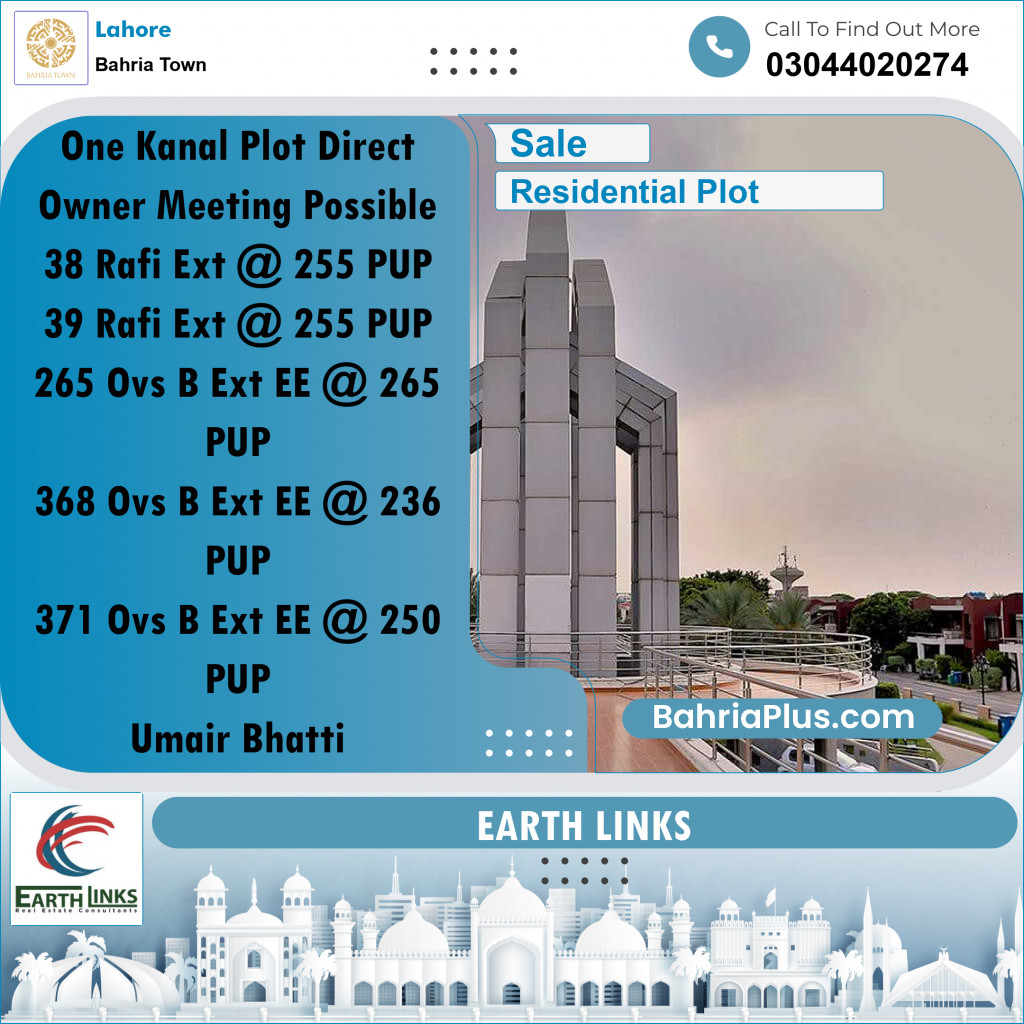 1 Kanal Residential Plot for Sale in Bahria Town, Lahore - (BP-279510)