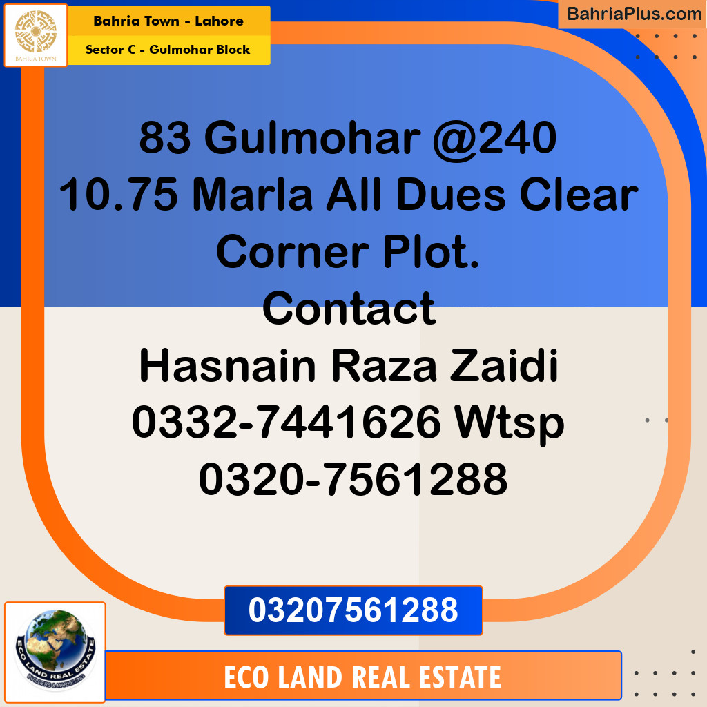 10.75 Marla Residential Plot for Sale in Sector C - Gulmohar Block -  Bahria Town, Lahore - (BP-279518)
