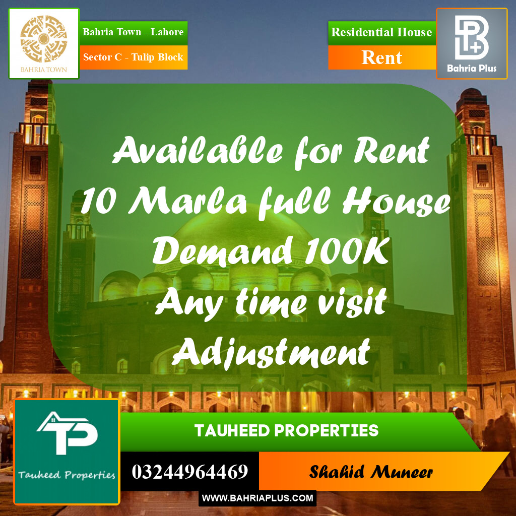 10 Marla Residential House for Rent in Sector C - Tulip Block -  Bahria Town, Lahore - (BP-279568)