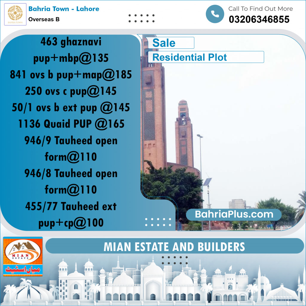 10 Marla Residential Plot for Sale in Overseas B -  Bahria Town, Lahore - (BP-279609)
