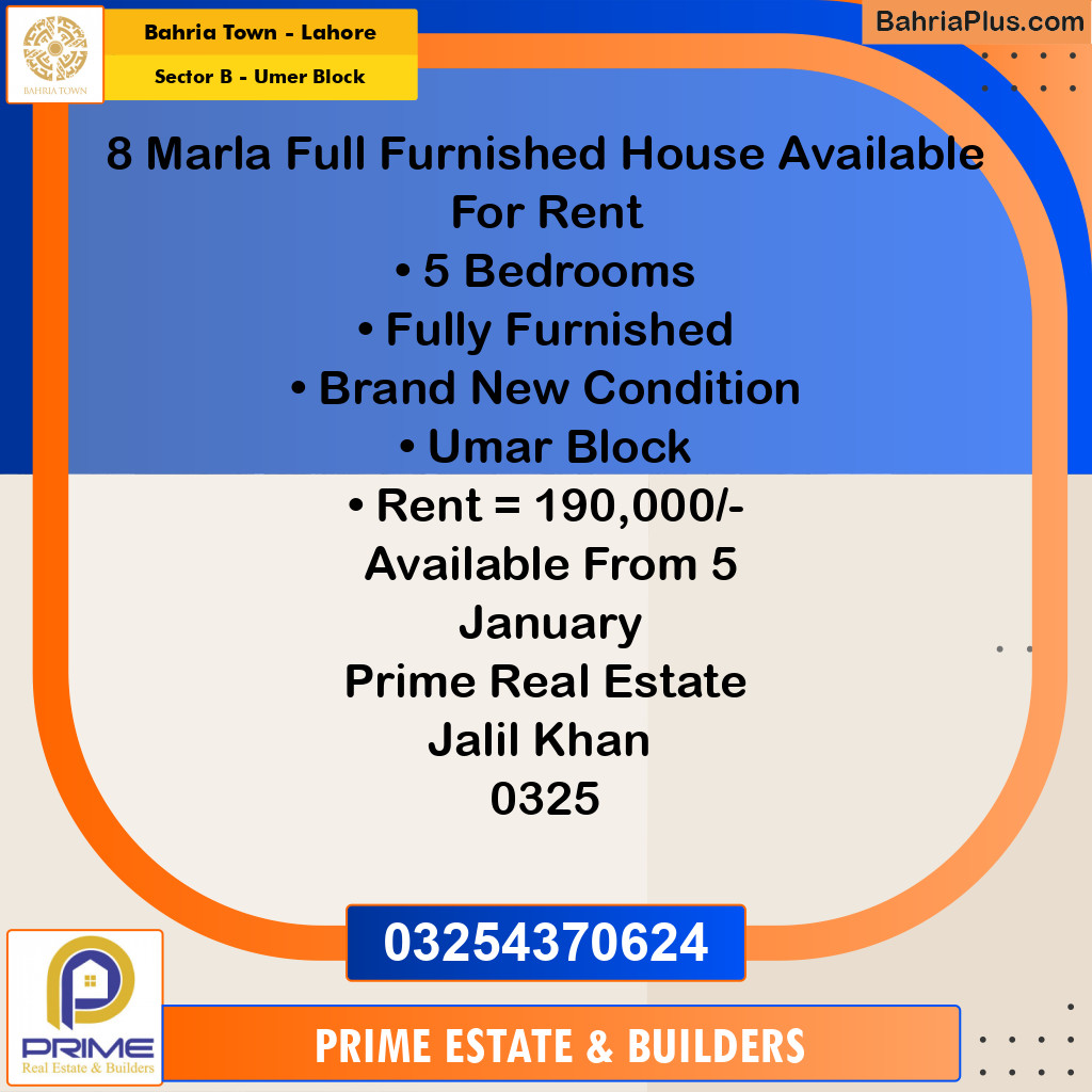 8 Marla Residential House for Rent in Sector B - Umer Block -  Bahria Town, Lahore - (BP-279676)