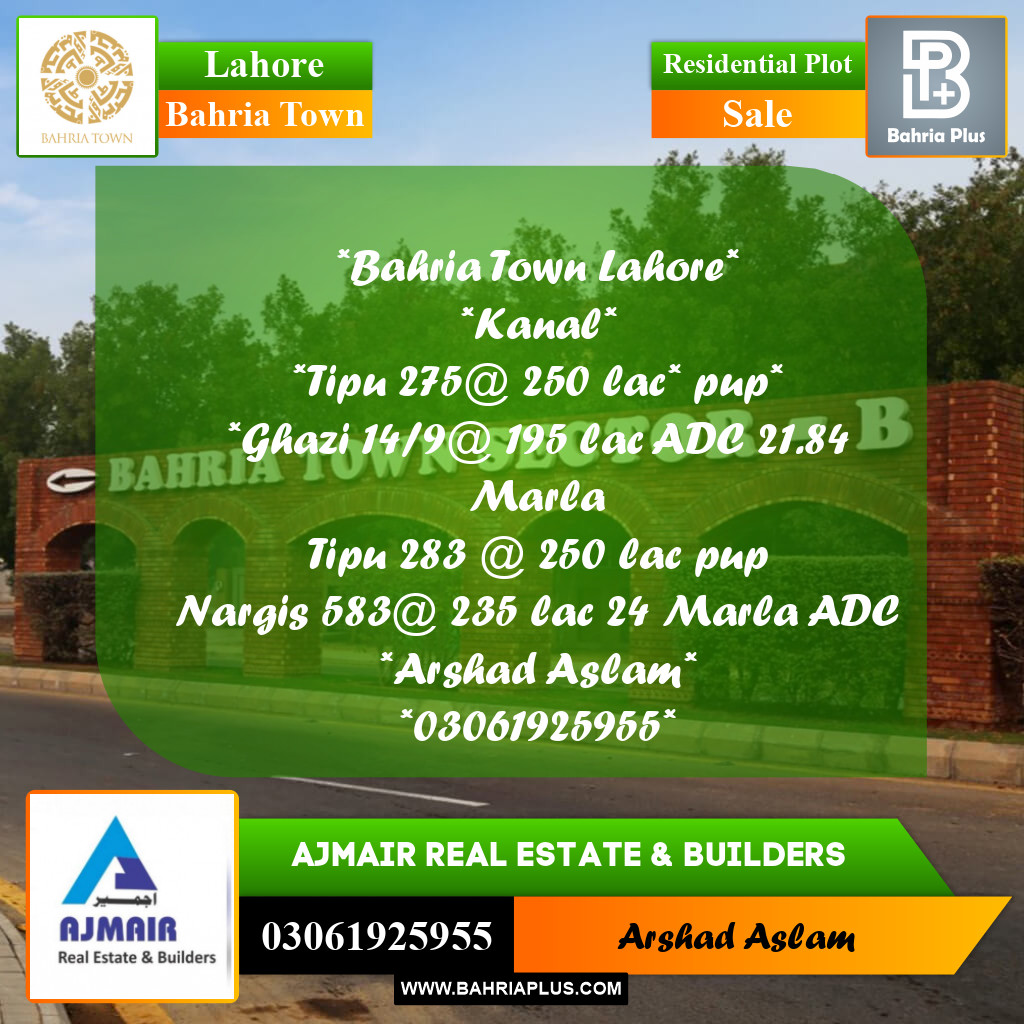 1 Kanal Residential Plot for Sale in Bahria Town, Lahore - (BP-279731)