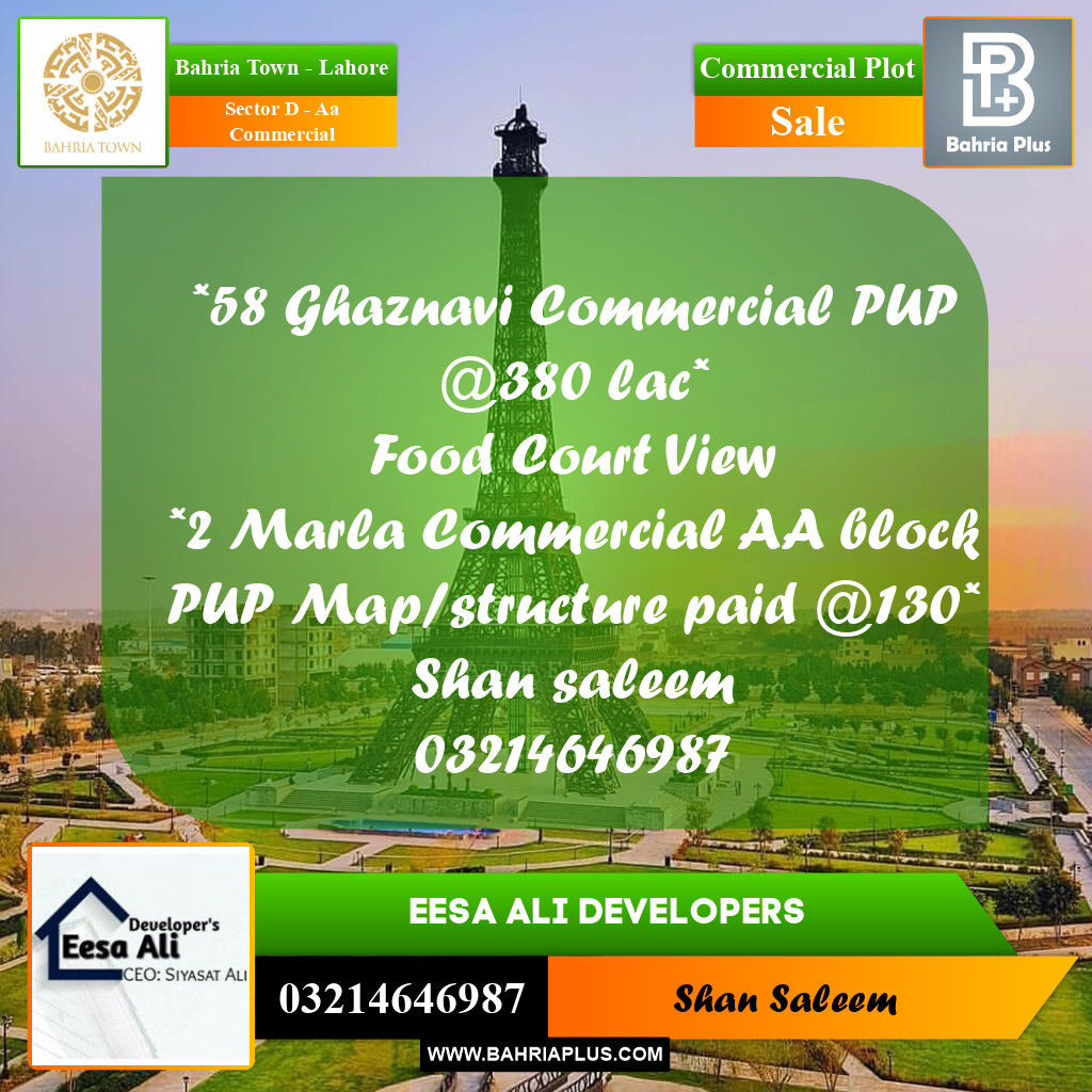 2 Marla Commercial Plot for Sale in Sector D - AA Commercial -  Bahria Town, Lahore - (BP-279858)