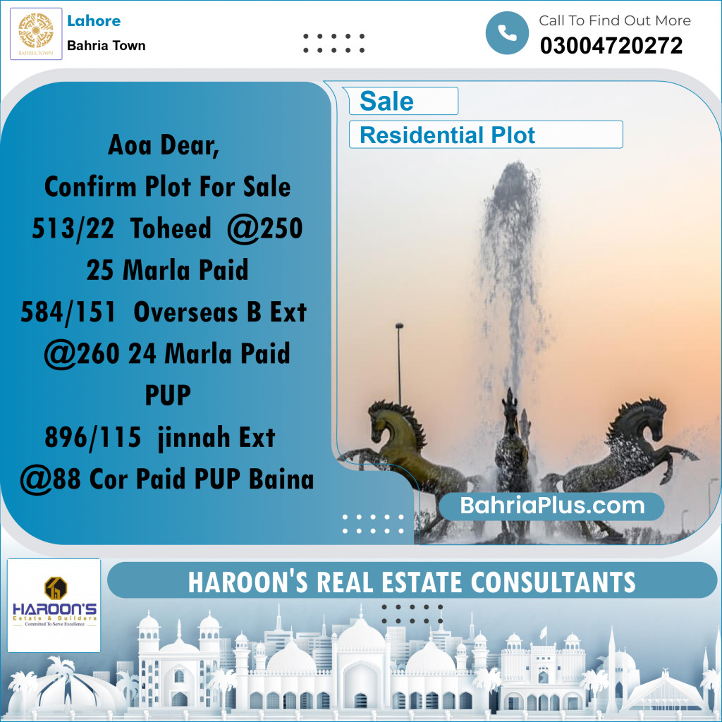 Residential Plot for Sale in Bahria Town, Lahore - (BP-280140)