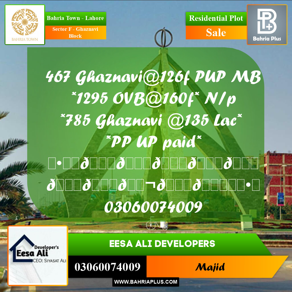 Residential Plot for Sale in Sector F - Ghaznavi Block -  Bahria Town, Lahore - (BP-280156)