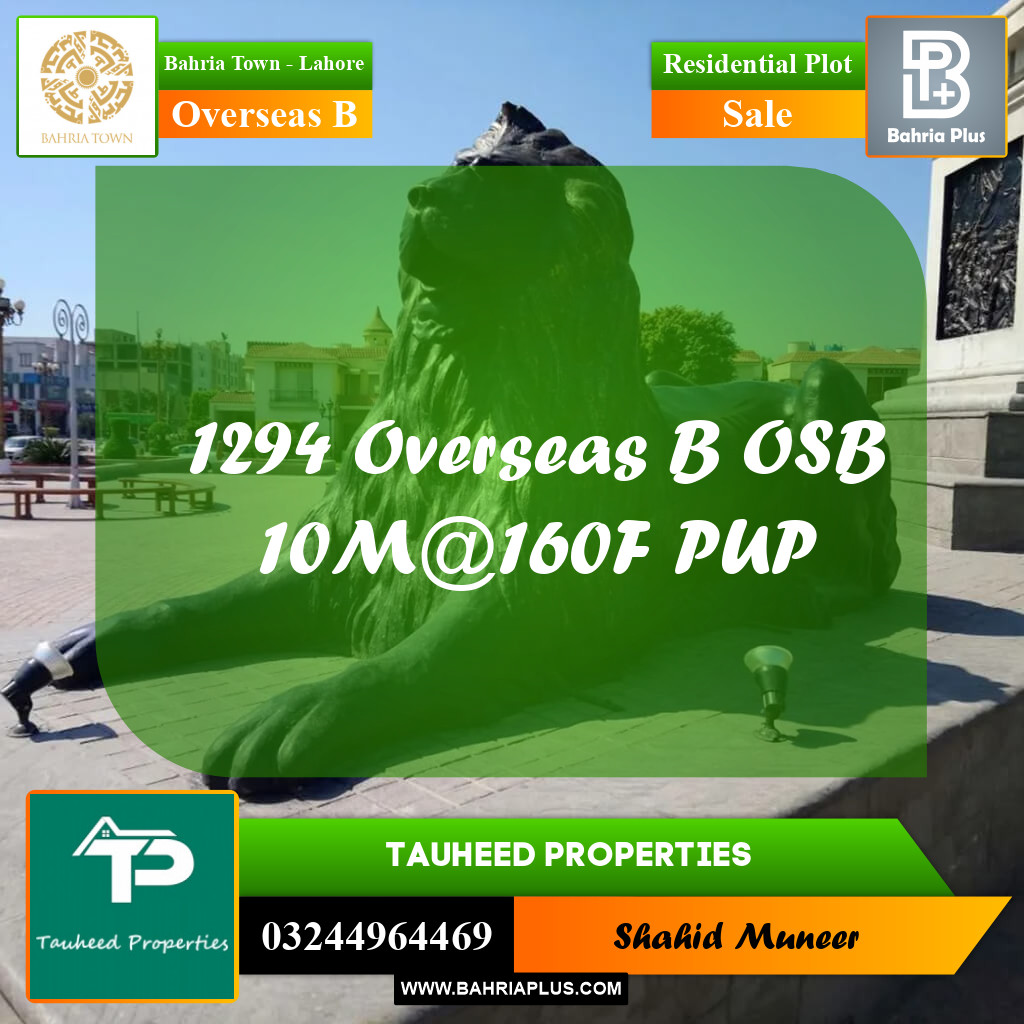 10 Marla Residential Plot for Sale in Overseas B -  Bahria Town, Lahore - (BP-280204)