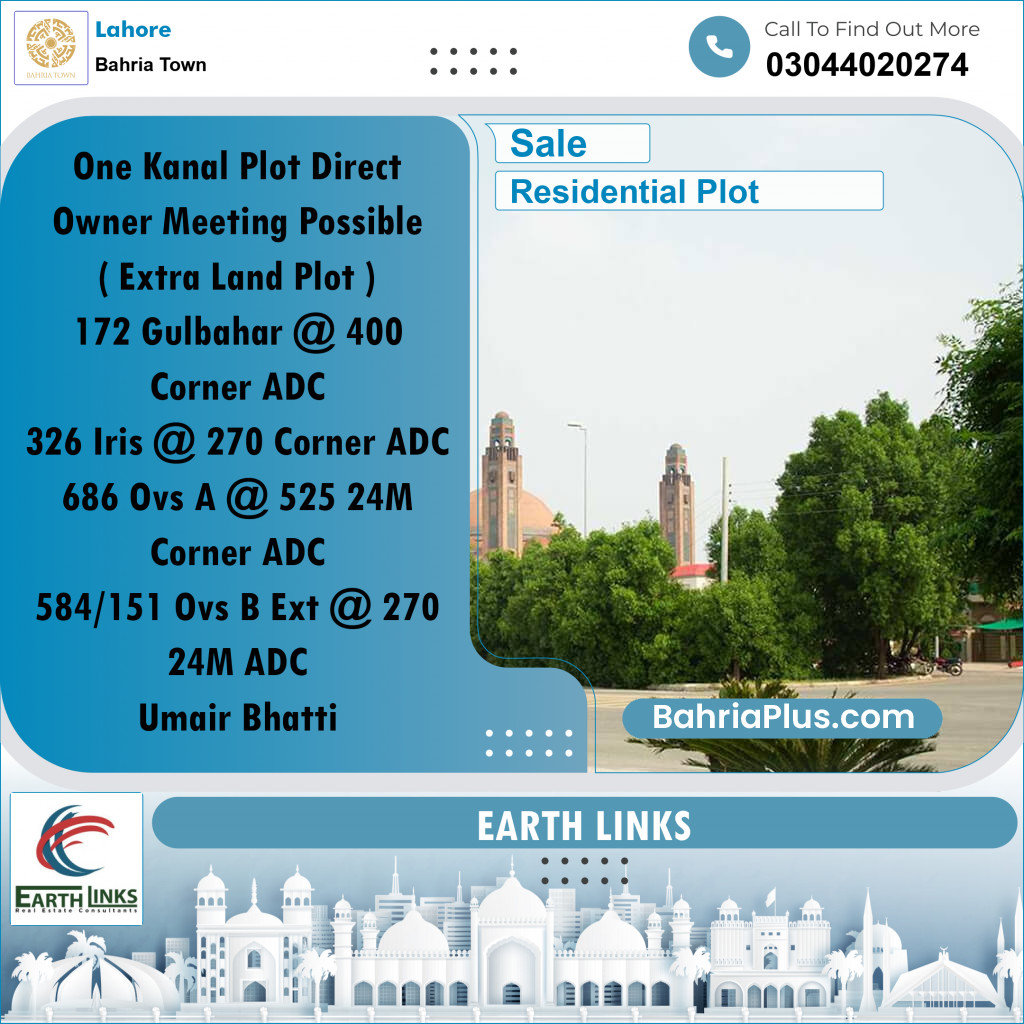 1 Kanal Residential Plot for Sale in Bahria Town, Lahore - (BP-280271)