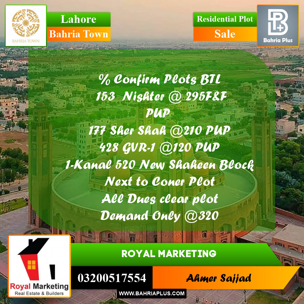 Residential Plot for Sale in Bahria Town, Lahore - (BP-280348)