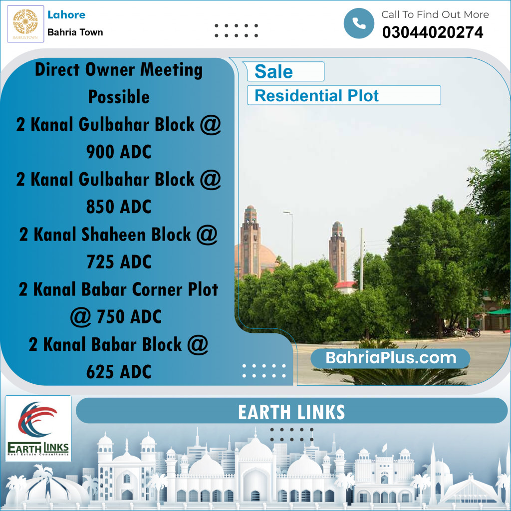 2 Kanal Residential Plot for Sale in Bahria Town, Lahore - (BP-280374)