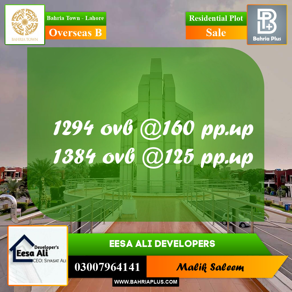 10 Marla Residential Plot for Sale in Overseas B -  Bahria Town, Lahore - (BP-280445)