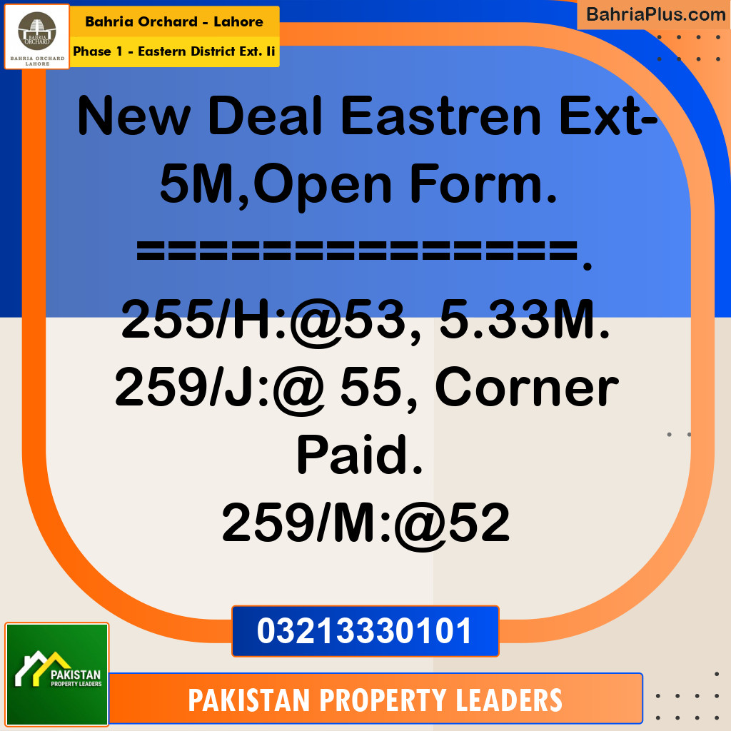 5 Marla Residential Plot for Sale in Phase 1 - Eastern District Ext. II -  Bahria Orchard, Lahore - (BP-280459)