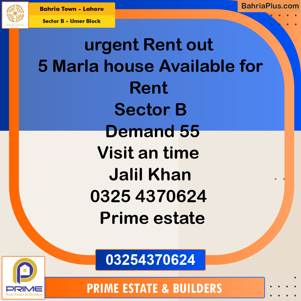 5 Marla Residential House for Rent in Sector B - Umer Block -  Bahria Town, Lahore - (BP-280595)