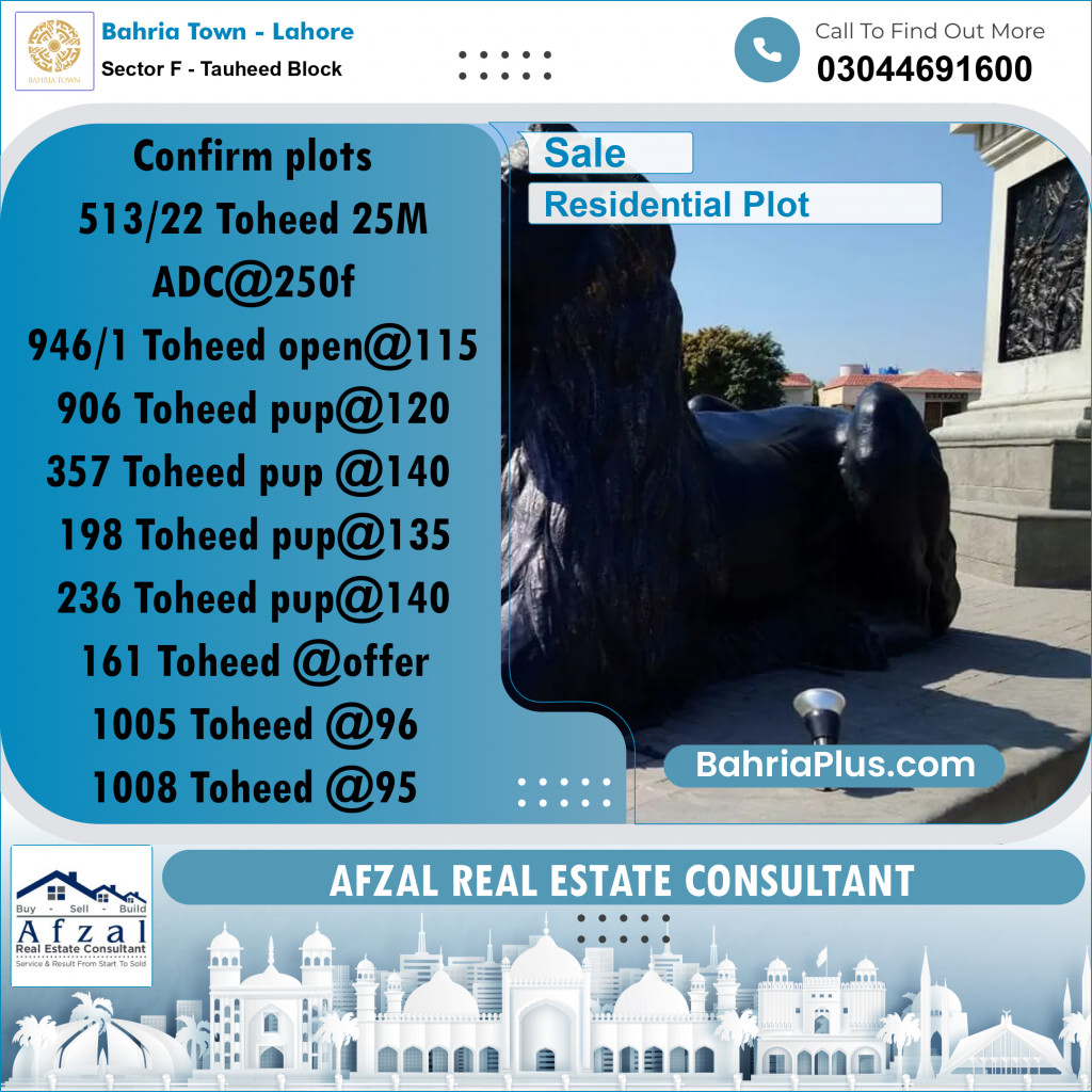 Residential Plot for Sale in Sector F - Tauheed Block -  Bahria Town, Lahore - (BP-280700)