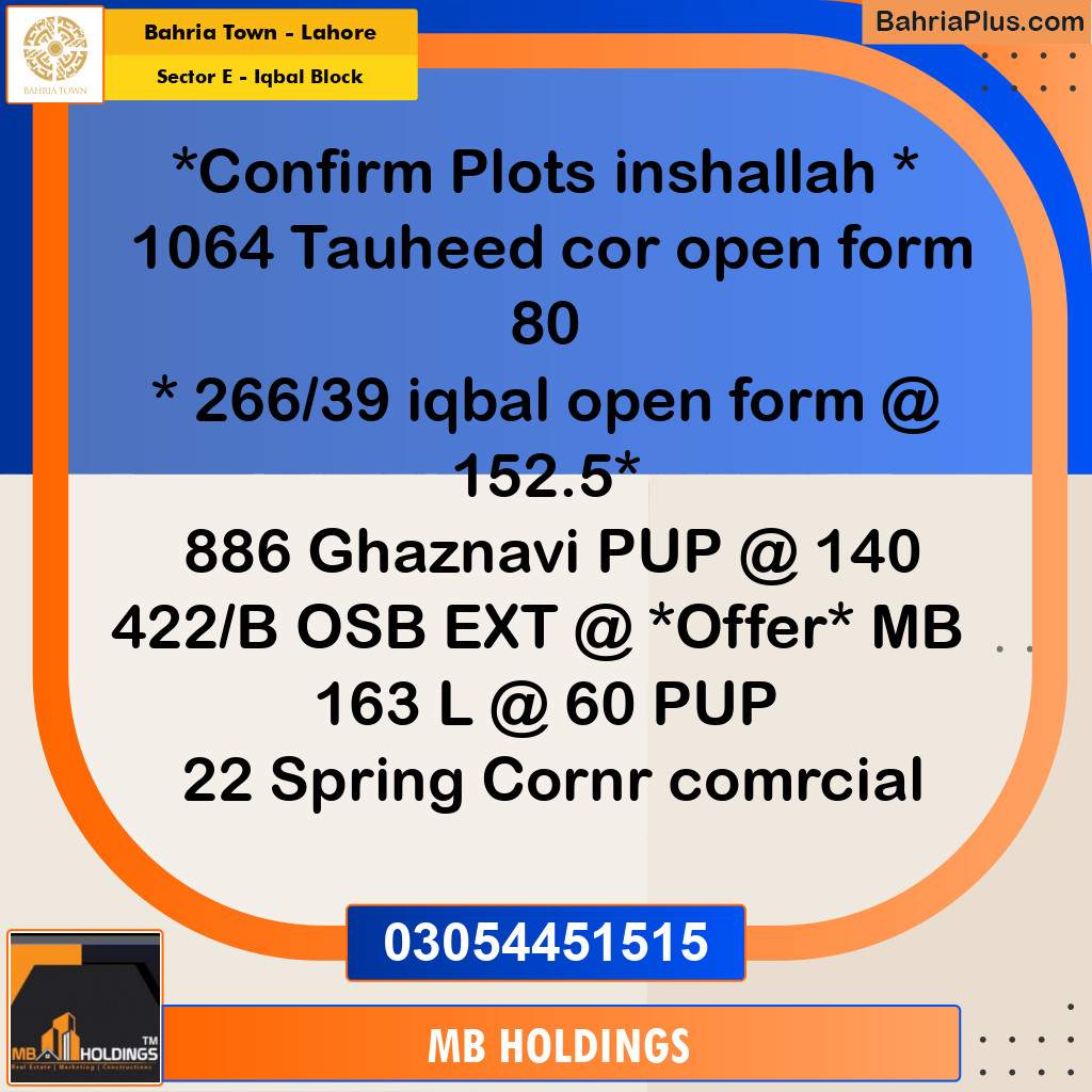 10 Marla Residential Plot for Sale in Sector E - Iqbal Block -  Bahria Town, Lahore - (BP-280860)