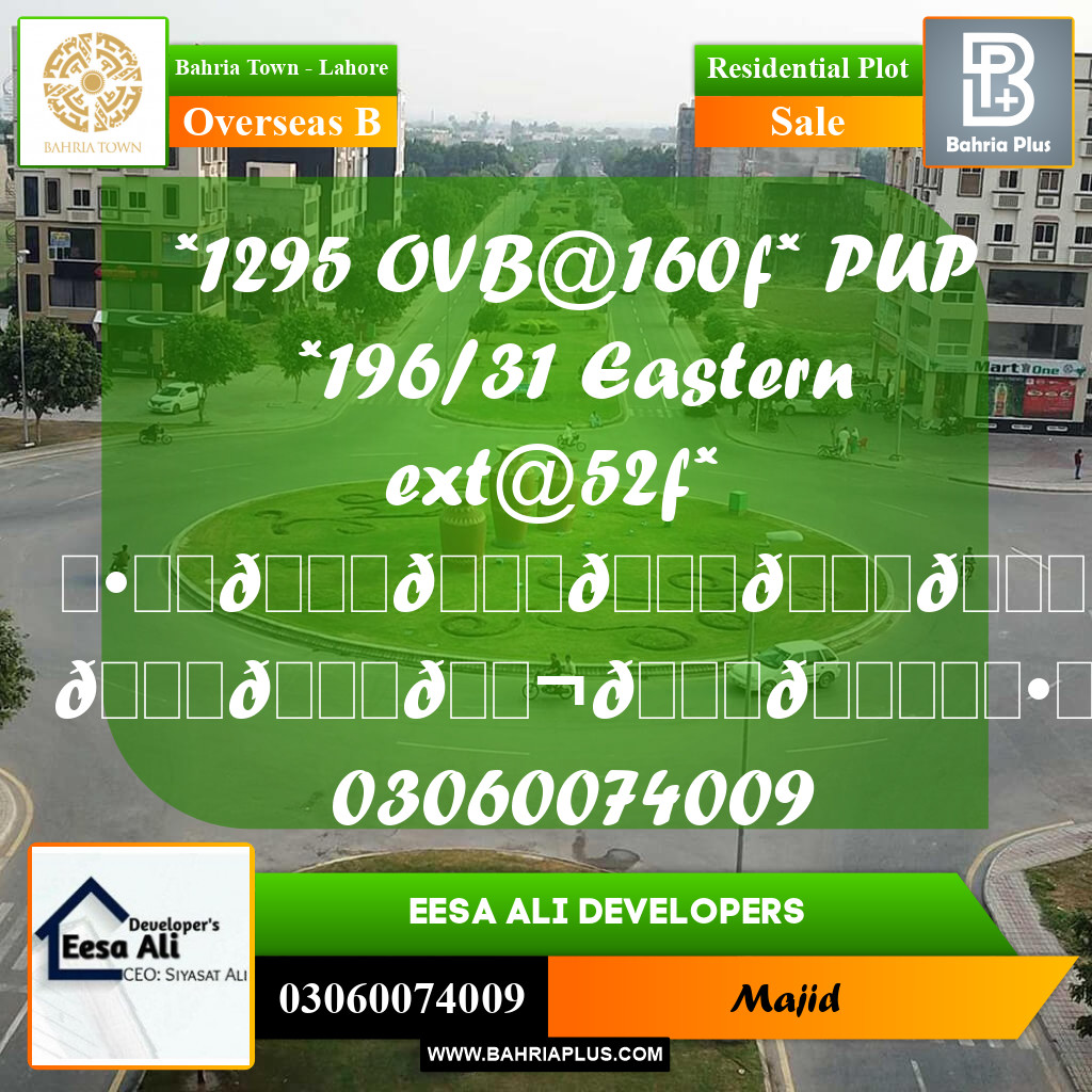 Residential Plot for Sale in Overseas B -  Bahria Town, Lahore - (BP-280868)