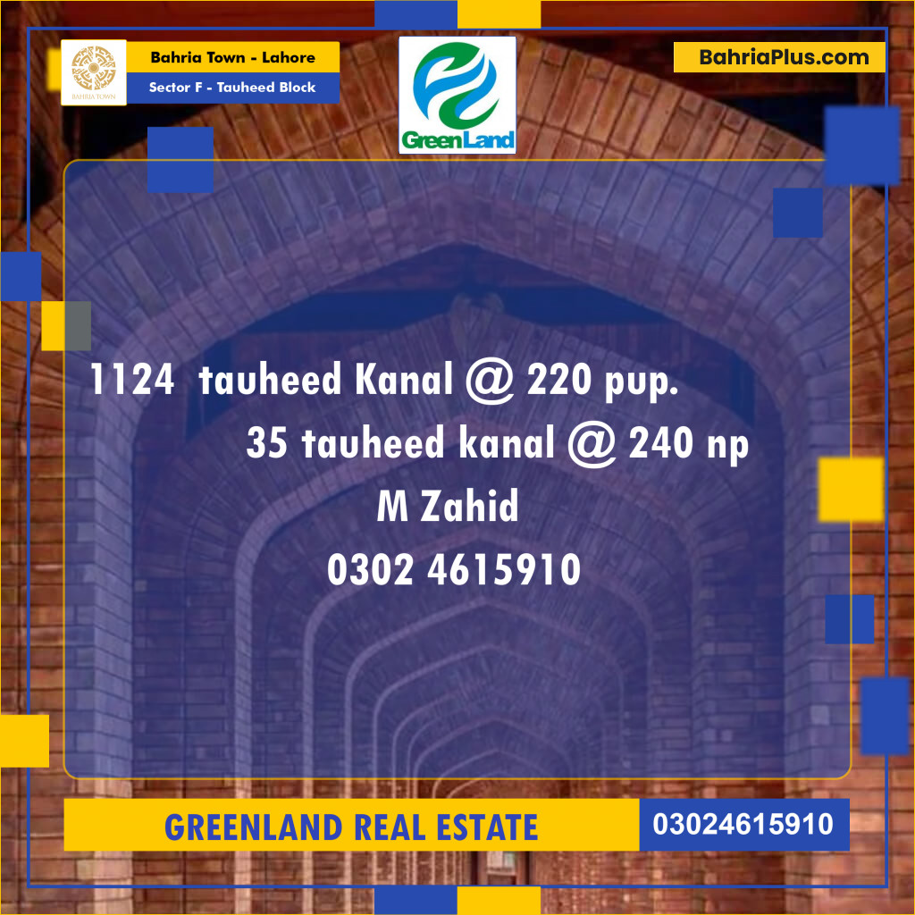 20 Marla Residential Plot for Sale in Sector F - Tauheed Block -  Bahria Town, Lahore - (BP-280872)