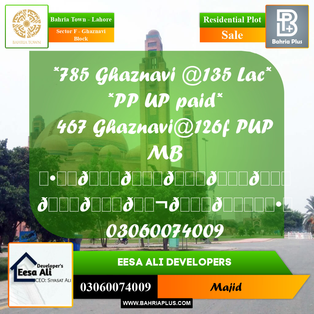 Residential Plot for Sale in Sector F - Ghaznavi Block -  Bahria Town, Lahore - (BP-280947)