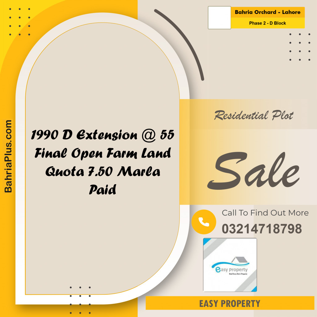 8 Marla Residential Plot for Sale in Phase 2 - D Block -  Bahria Orchard, Lahore - (BP-280977)